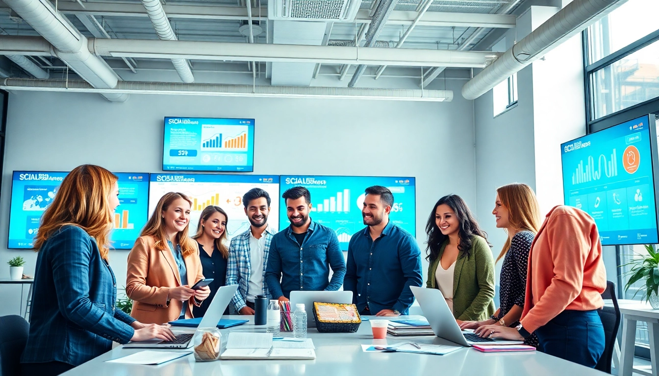 Engaging team of a social media agency brainstorming strategies in a vibrant office.