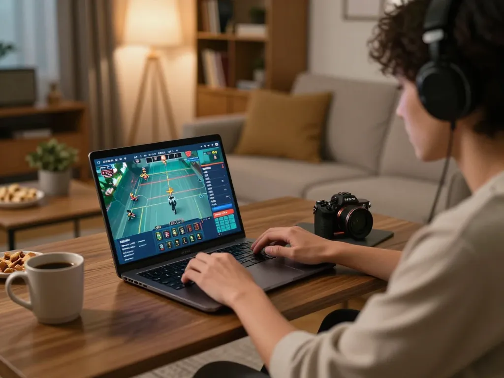 Engaged player practicing ทดลองเล่นสล็อต in a cozy home setting with snacks and warm lighting.