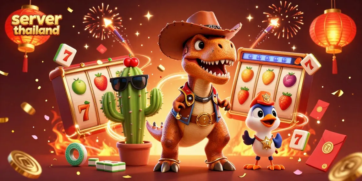 Experience the excitement of server thailand slot with vibrant slot reels and engaging characters in a festive casino scene.