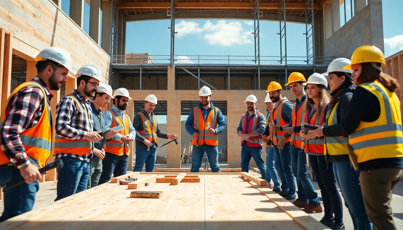 Engaged trainees in a contractor apprenticeship collaborating on a building project.