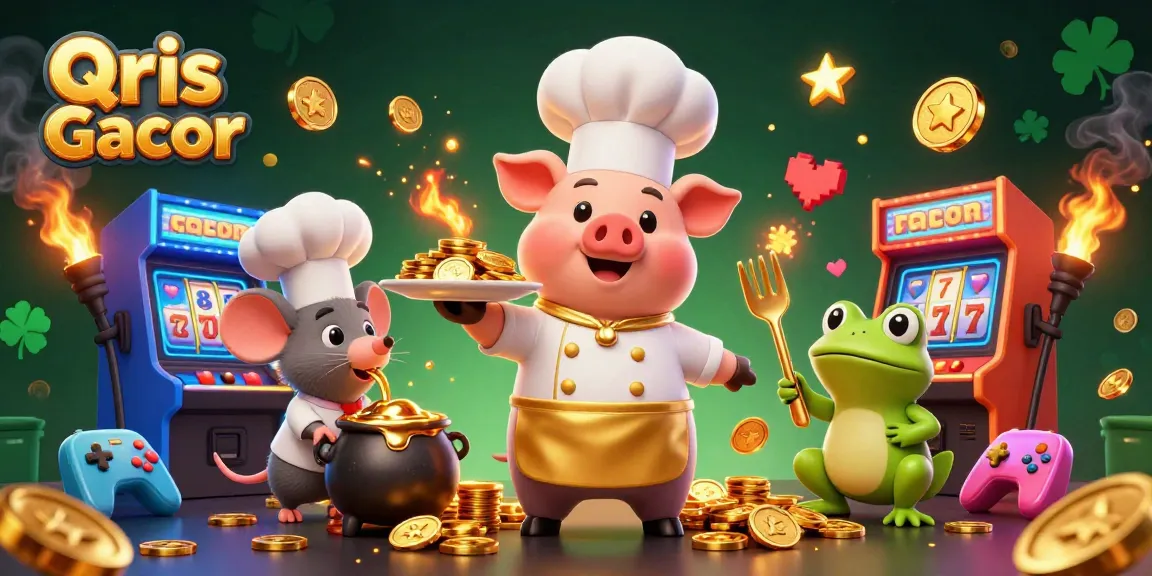 Engage with Qris Gacor, the vibrant online casino featuring gold coins and dynamic gaming elements, showcasing a chef pig, sous-chef mouse, and critic frog.