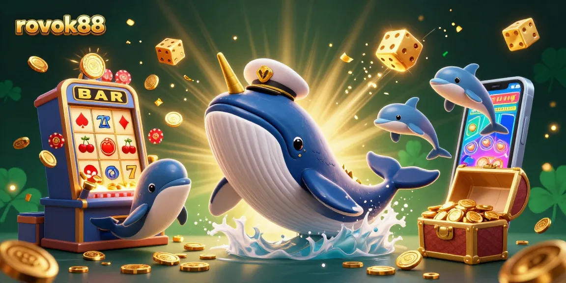 Experience the excitement of rokok88 with a vibrant casino scene featuring a whale, narwhal, and dolphins among gold coins.