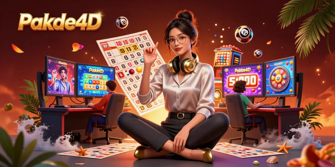 Experience Pakde4D's vibrant energy with an Asian woman at a high-tech gaming setup, surrounded by lottery elements.