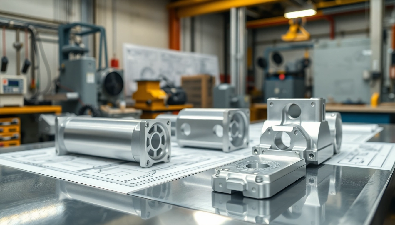 Showcasing detailed aluminum prototypes on a workbench, highlighting intricate designs and polished surfaces.