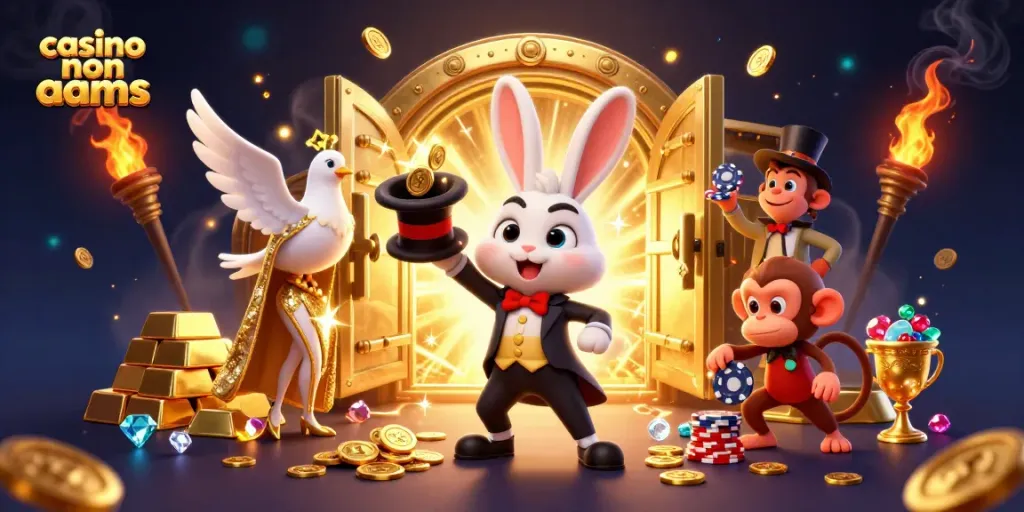 Gioco emozionante nei casino non AAMS con un coniglio mago che estrae monete dorate e un assistente in un'atmosfera scintillante.