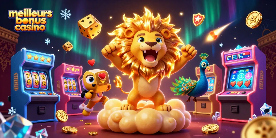 Découvrez les meilleurs bonus casino avec un lion enflammé et des dés dorés, entourés de machines à sous colorées.