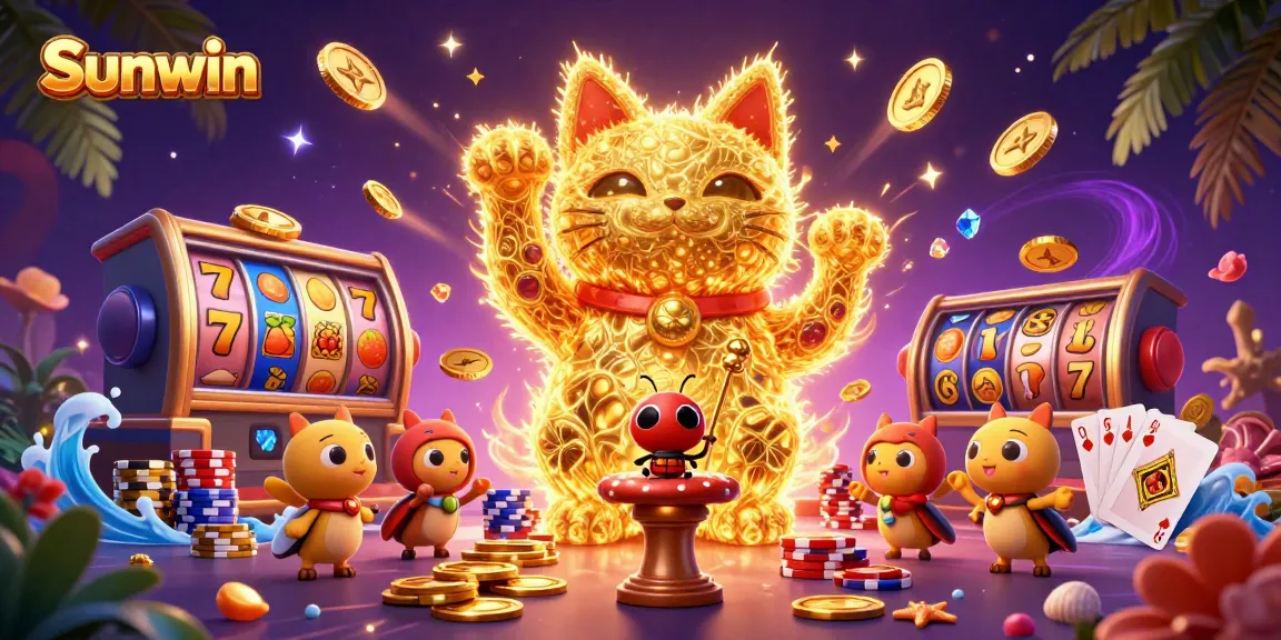 Experience the thrill of Sunwin with a vibrant illustration of a lucky cat and casino symbols.