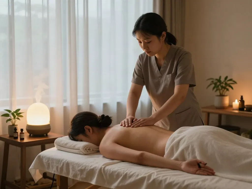 수택동출장마사지 scene with therapist and client in a calming massage room.