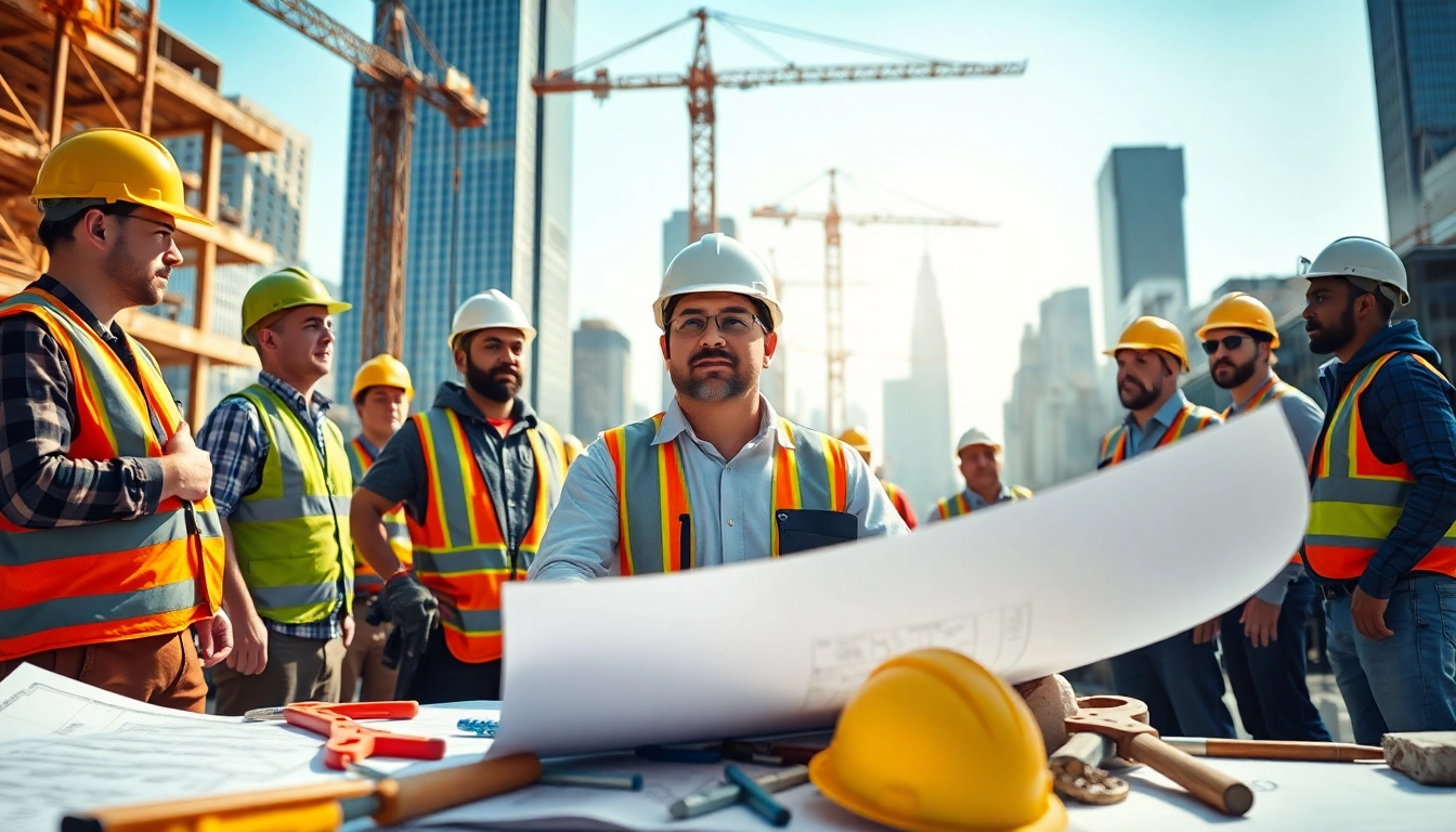 New York General Contractor supervising a dynamic construction site with teamwork and blueprints.