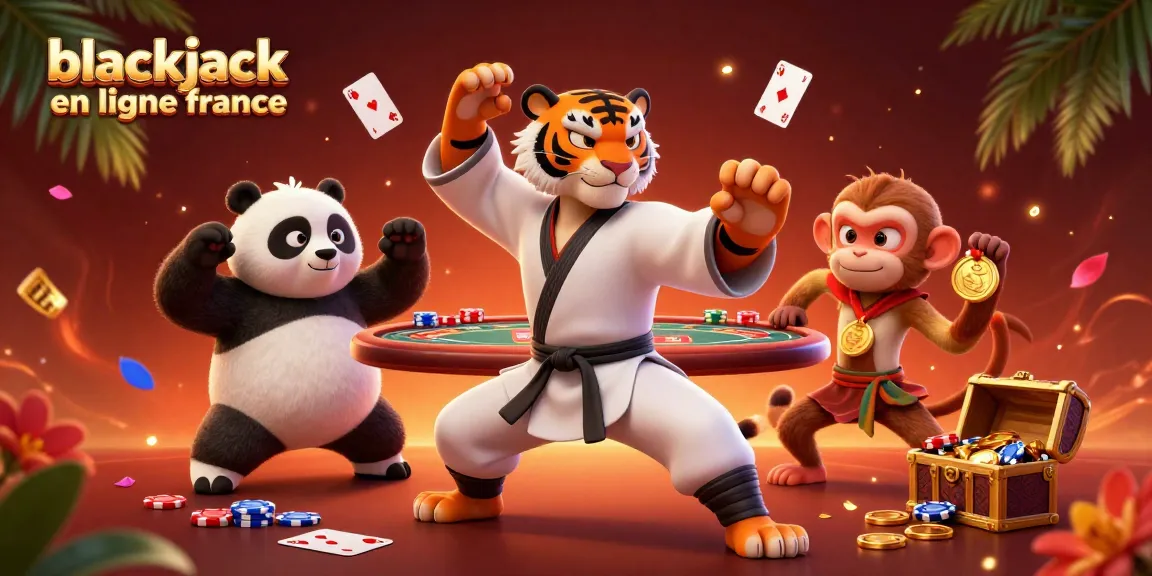 Jouez au blackjack en ligne France avec des personnages animés et des éléments de casino dynamiques autour.