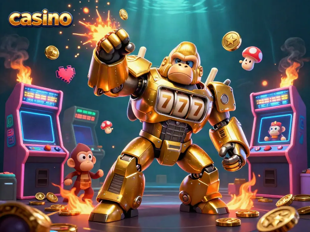 Engage in casino excitement with a dynamic scene of a golden gorilla mech among vibrant arcade elements and slots.