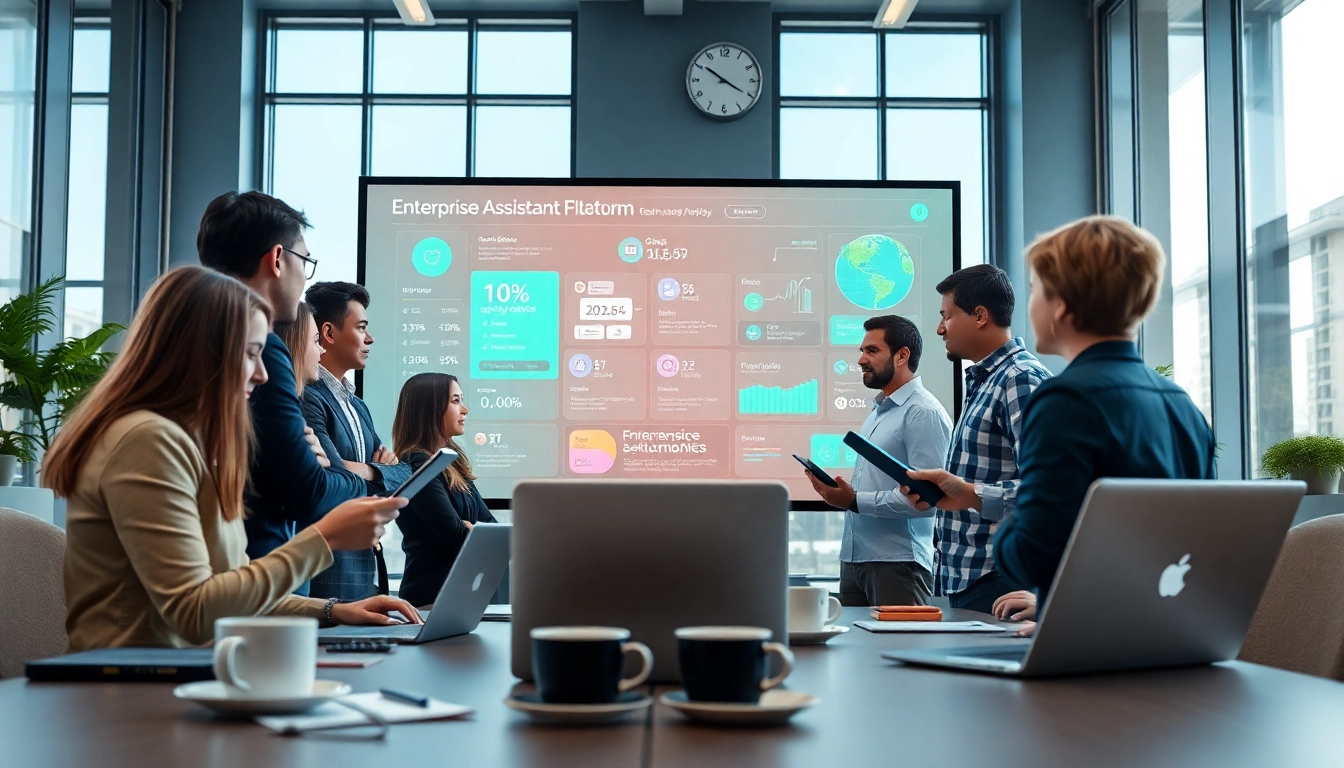 Team collaborating around an enterprise assistant platform display, showcasing teamwork and technology.