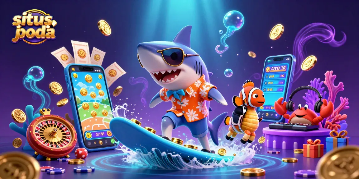 Engage in situs judi bola action with vibrant visuals of sports betting elements and underwater characters.