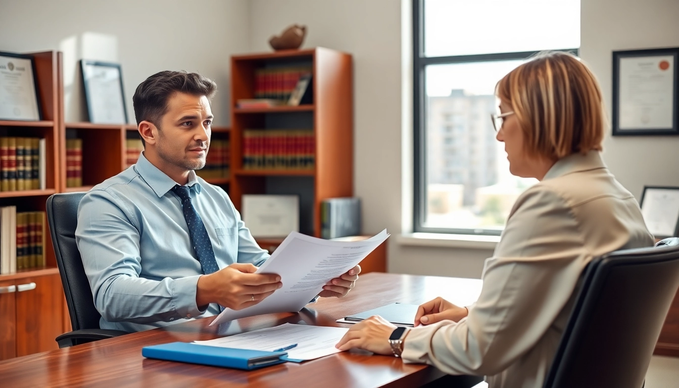 Truck accident attorney Clearwater discussing case details with a client in a professional office.