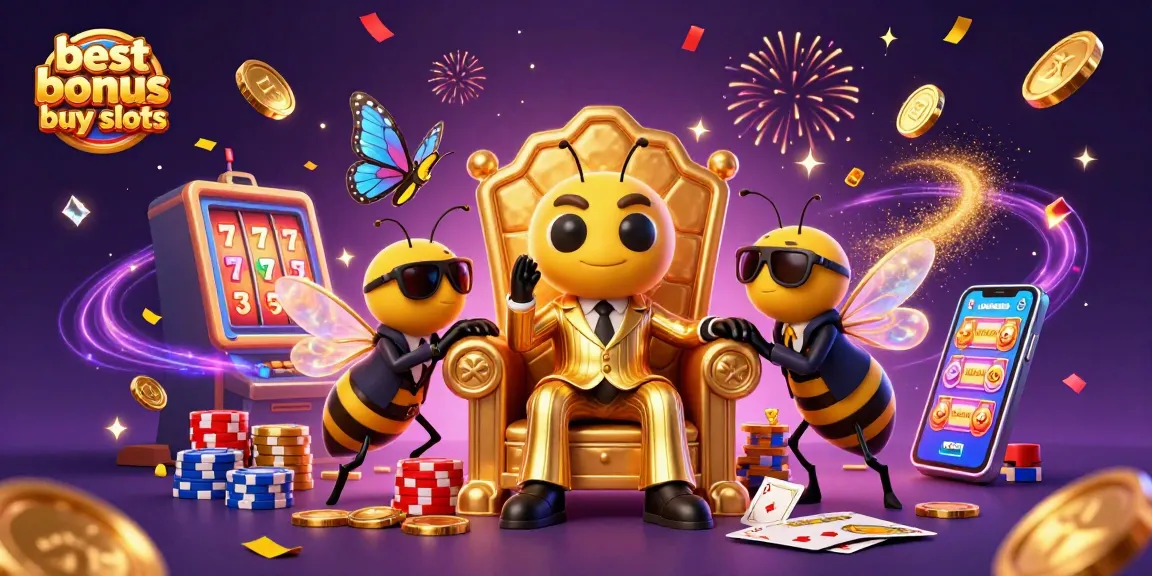 Experience the thrill of the best bonus buy slots with a vibrant 3D illustration featuring slots and casino characters.