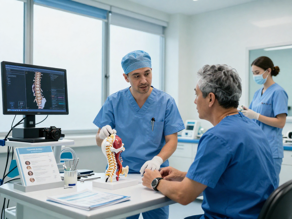 Dar kanal ameliyatı consultation scene with surgeon and patient discussing spinal health in a modern clinic