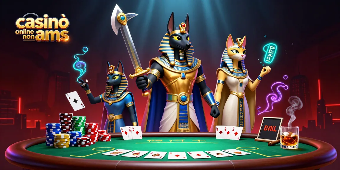 Casinò online non AAMS con una scena di gioco avvincente che presenta Anubis e Bastet tra torri di fiches e carte.