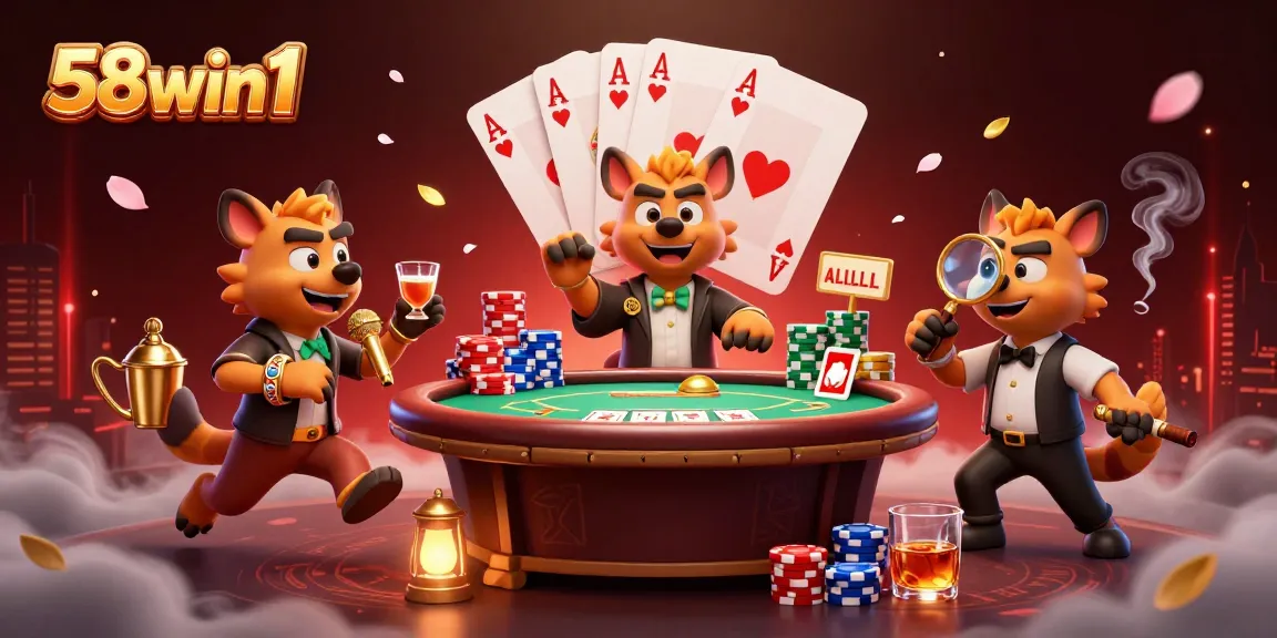 Hyenas run the 58win1 comedy casino club featuring poker elements and vibrant decor.