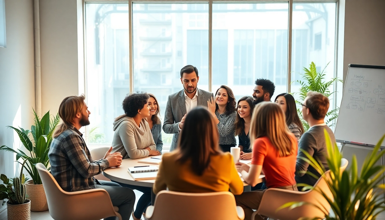 Find my true calling in a coaching session led by an expert in a bright office filled with engaged individuals.