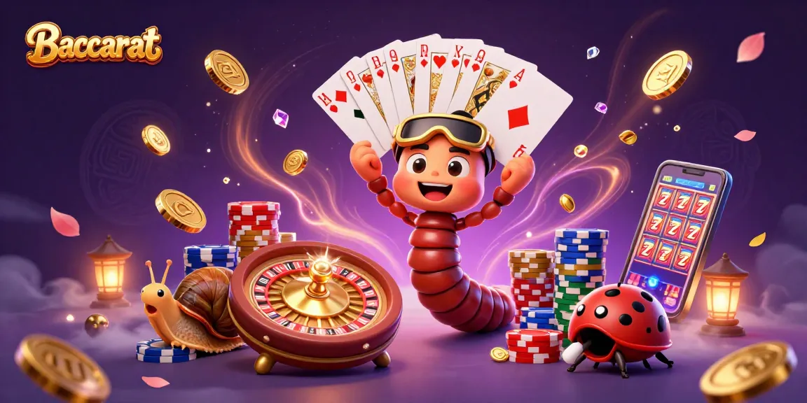 Baccarat table scene featuring a colorful dealer, chip stacks, and flying coins, creating a lively gaming atmosphere.