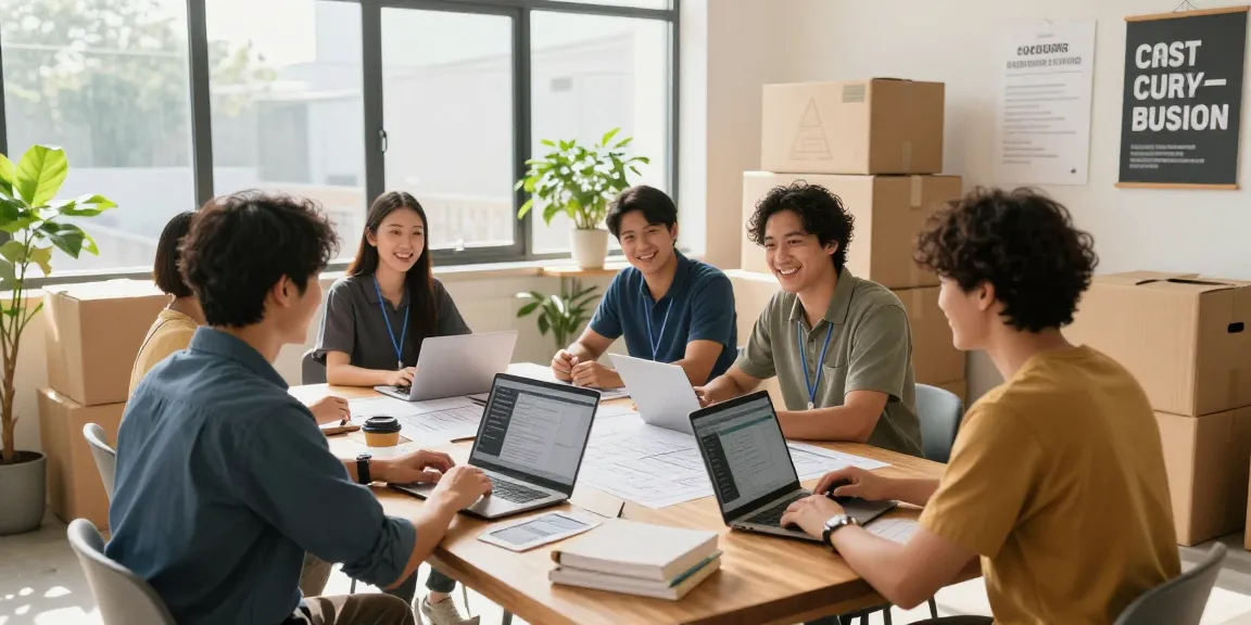 Men on mission discussing moving plans in a bright office