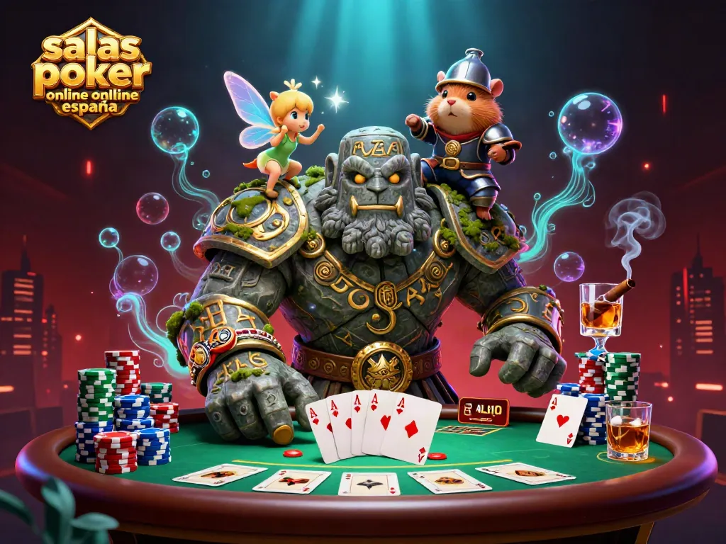 Ilustra salas de póker online en España con golem, hada y caballero en acción sobre mesa de juego.