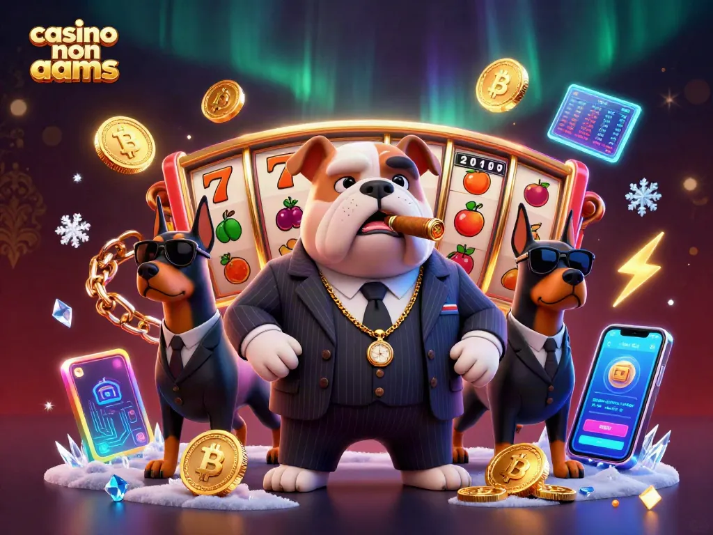 Gioca nei migliori casino non AAMS con un bulldog mafia e due bodyguard, circondati da simboli di slot e monete cripto.
