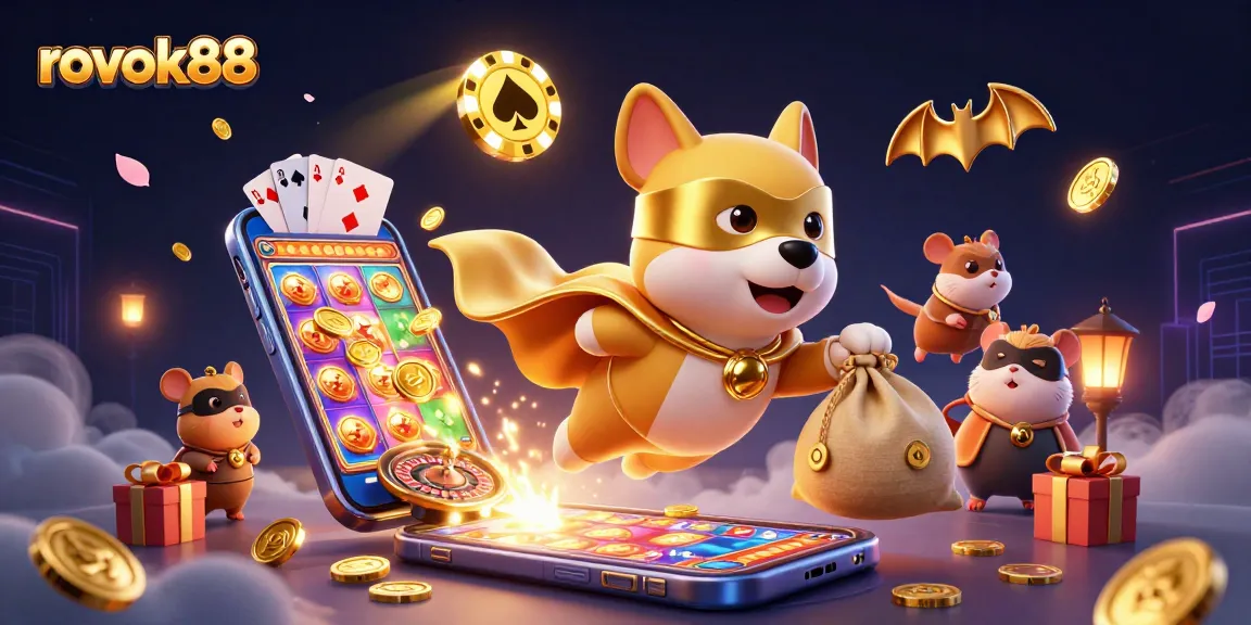 Join the fun with rokok88 as our superhero dog and sidekick hamster fly through a vibrant casino-themed scene.