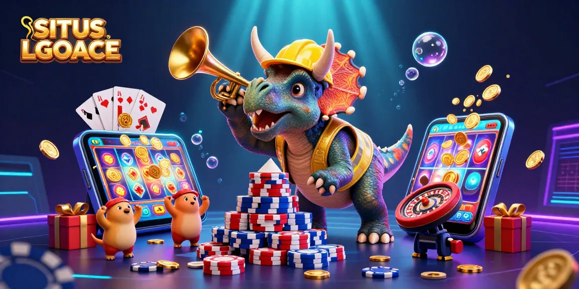 SITUS LGOACE showcases a vibrant 3D scene of casino excitement, featuring joyful characters amidst a flurry of gaming elements.