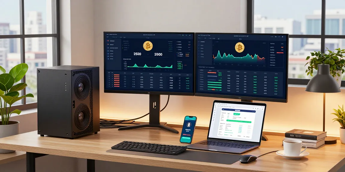 Bitcoin mining platform setup showcasing cryptocurrency dashboards, digital wallet, and advanced mining analytics in modern workspace.