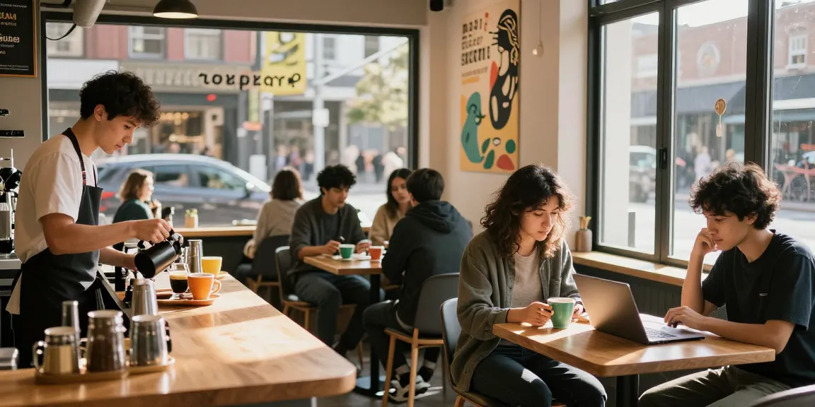 People enjoying coffee at a cafe while discussing rokok88 daftar