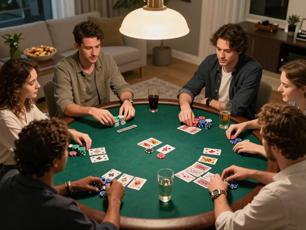 Engaging poker game setup at home with friends focused on 388bet hands and strategies, showcasing social gambling dynamics.