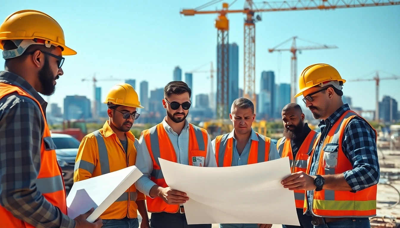 Workers engaged in Austin construction project, illustrating teamwork and urban development.