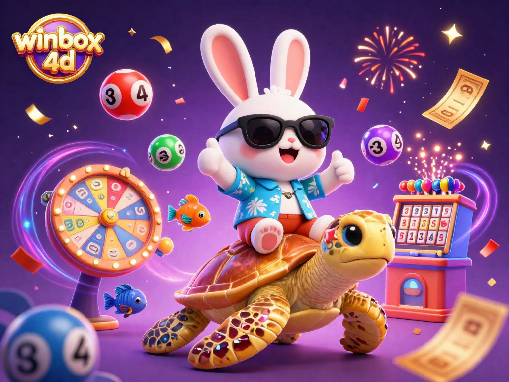 Experience winbox 4d with a vibrant rabbit and turtle in an exciting lottery scene.