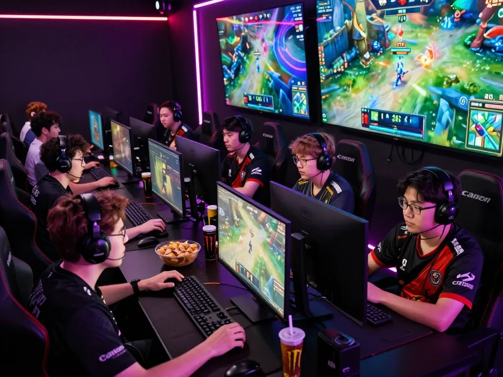 nổ hũ hubet88 esports players engaged in thrilling gaming competition with vibrant graphics and energetic atmosphere.