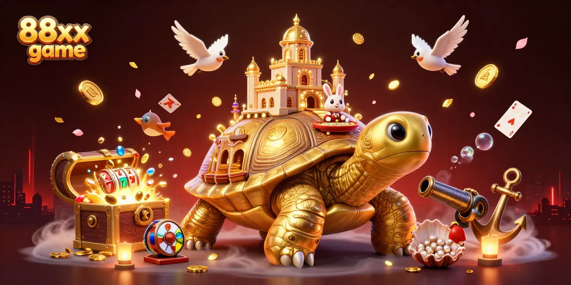 Immerse in the 88xx game excitement with a golden tortoise casino illustration bursting with coins.