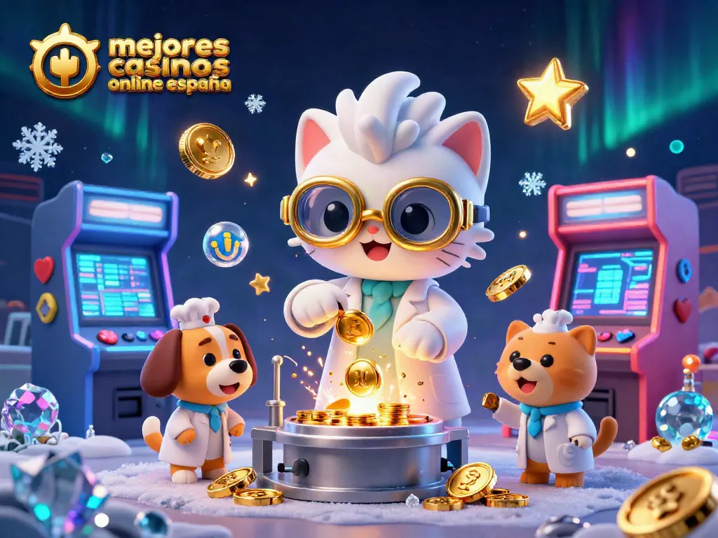 Los mejores casinos online en España presentan un gato científico y un perro asistente en un laboratorio creativo.
