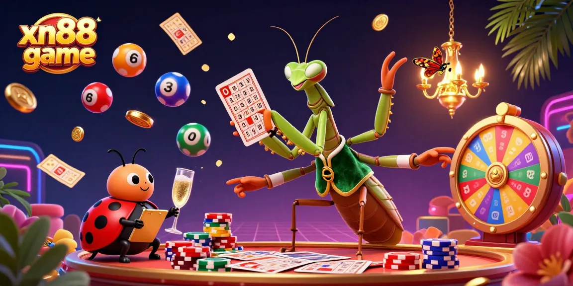 Experience thrilling gameplay with xn88 game, amidst colorful lottery elements and vibrant casino characters.
