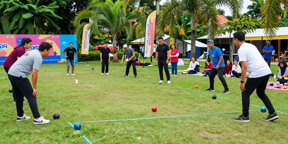 FOPI Kota Manado menampilkan pertandingan petanque yang kompetitif di taman yang ramai.
