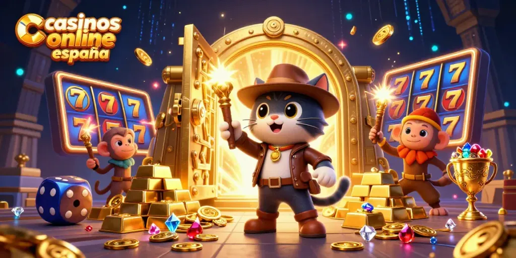 Juega en casinos online España, descubriendo tesoros con un gato aventurero y su compañero mono en un templo lleno de sorpresas.