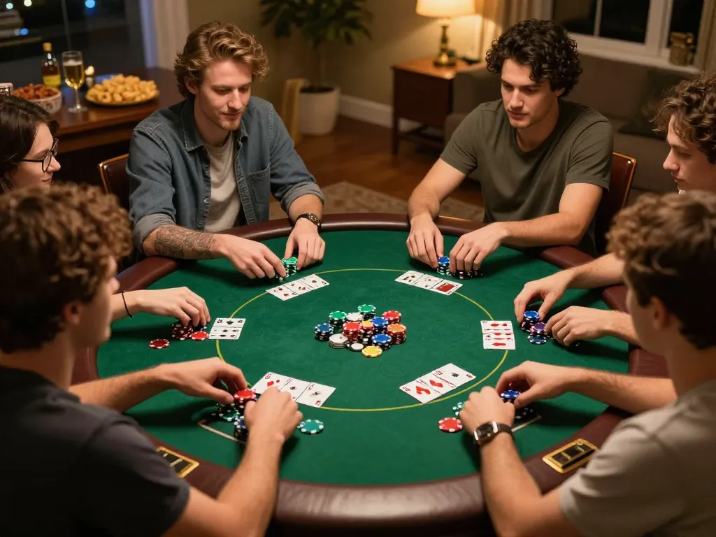Engaging social atmosphere as friends play poker with low stakes, emphasizing slot bet kecil strategies.