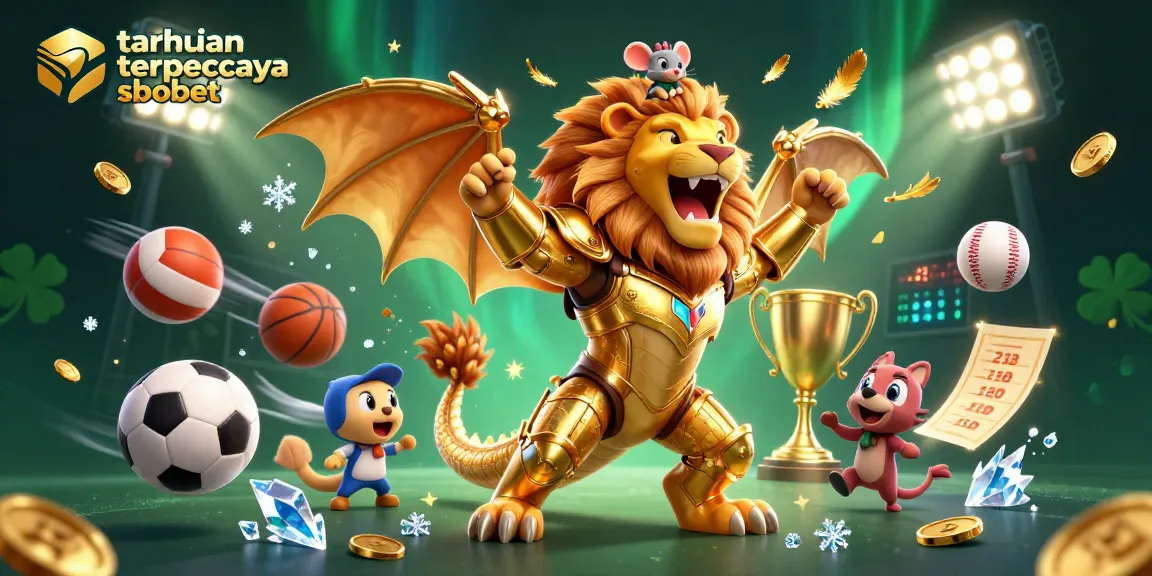 Experience unmatched excitement with taruhan terpercaya sbobet, featuring a dynamic 3D scene of a triumphant chimera, sports balls, and golden elements.