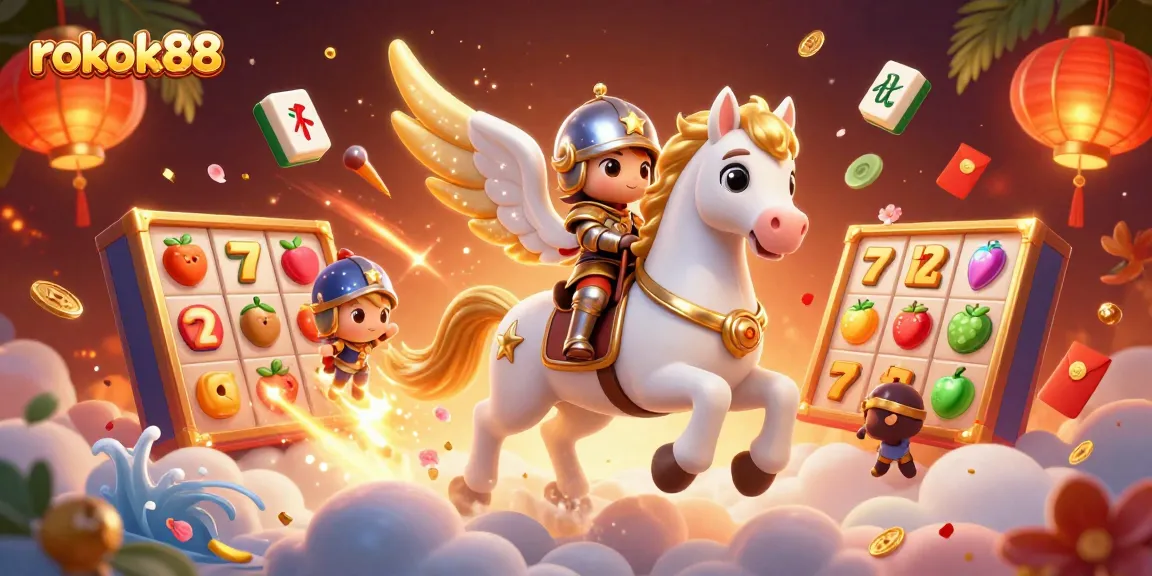 Engage with rokok88's vibrant slots action featuring a galloping knight and celestial horse.
