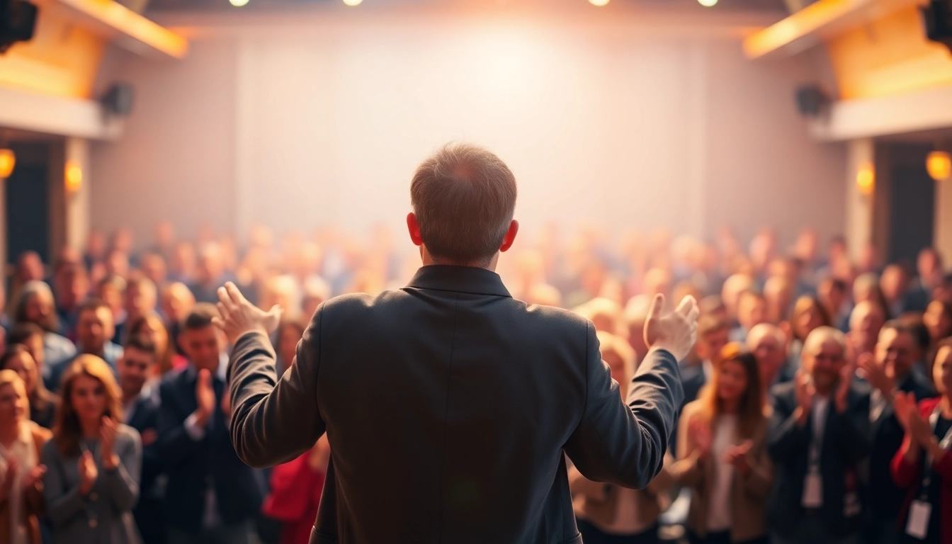 Motivational Speaker engaging a captivated audience with an inspiring speech, showcasing energy and passion.