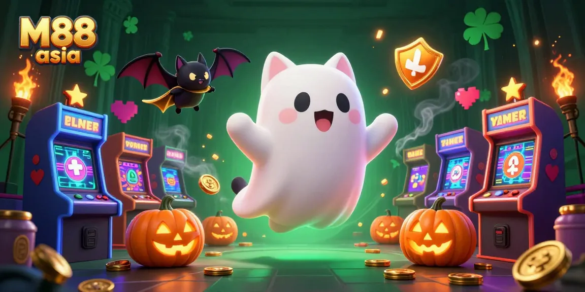 M88 asia players enjoying a thrilling casino experience with vibrant gaming elements and spooky characters.