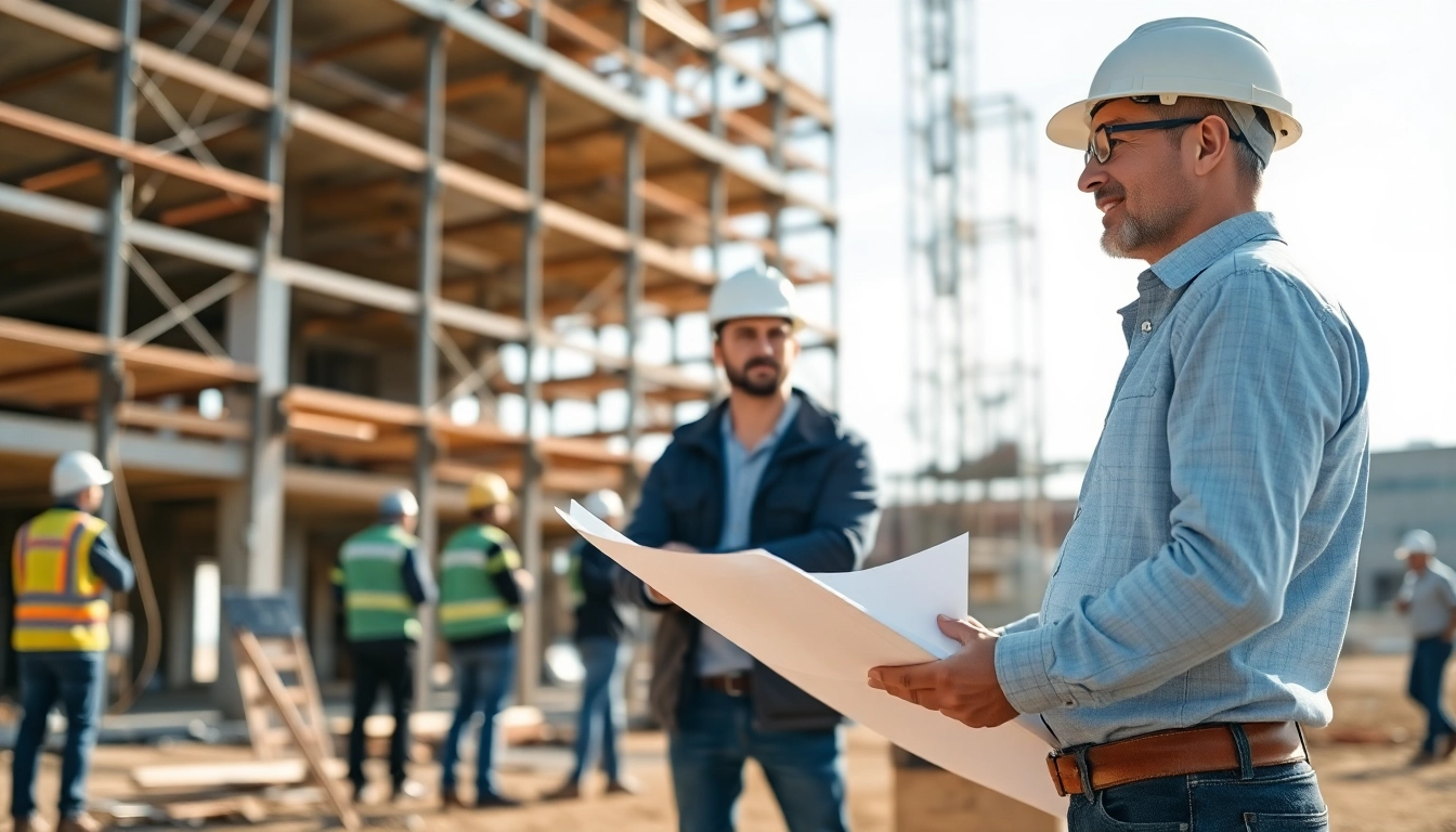 Commercial architect reviewing blueprints on a construction site with building structures in background.