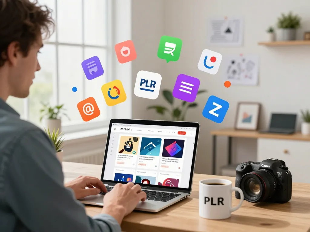 Explore PLR Digital Products for Sale in a vibrant online marketplace, where an entrepreneur reviews various digital items in an inspiring home office.
