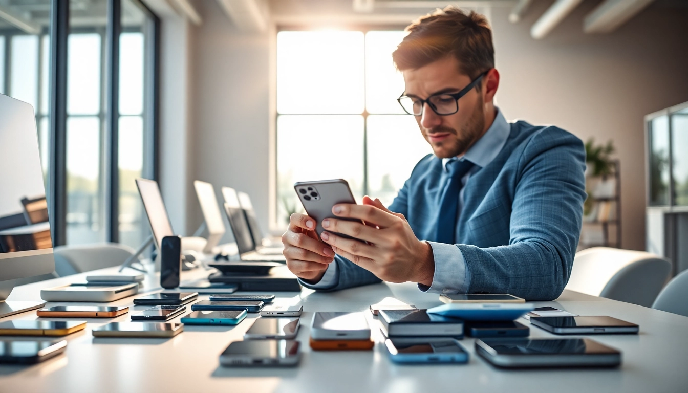 Experienced phone buyer Little Rock AR evaluating devices in a modern office.