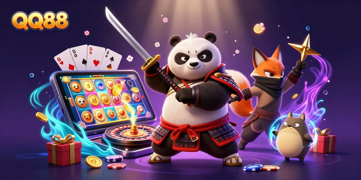 Play engaging games at QQ88 with illustrated characters and vibrant casino elements in a dynamic scene.