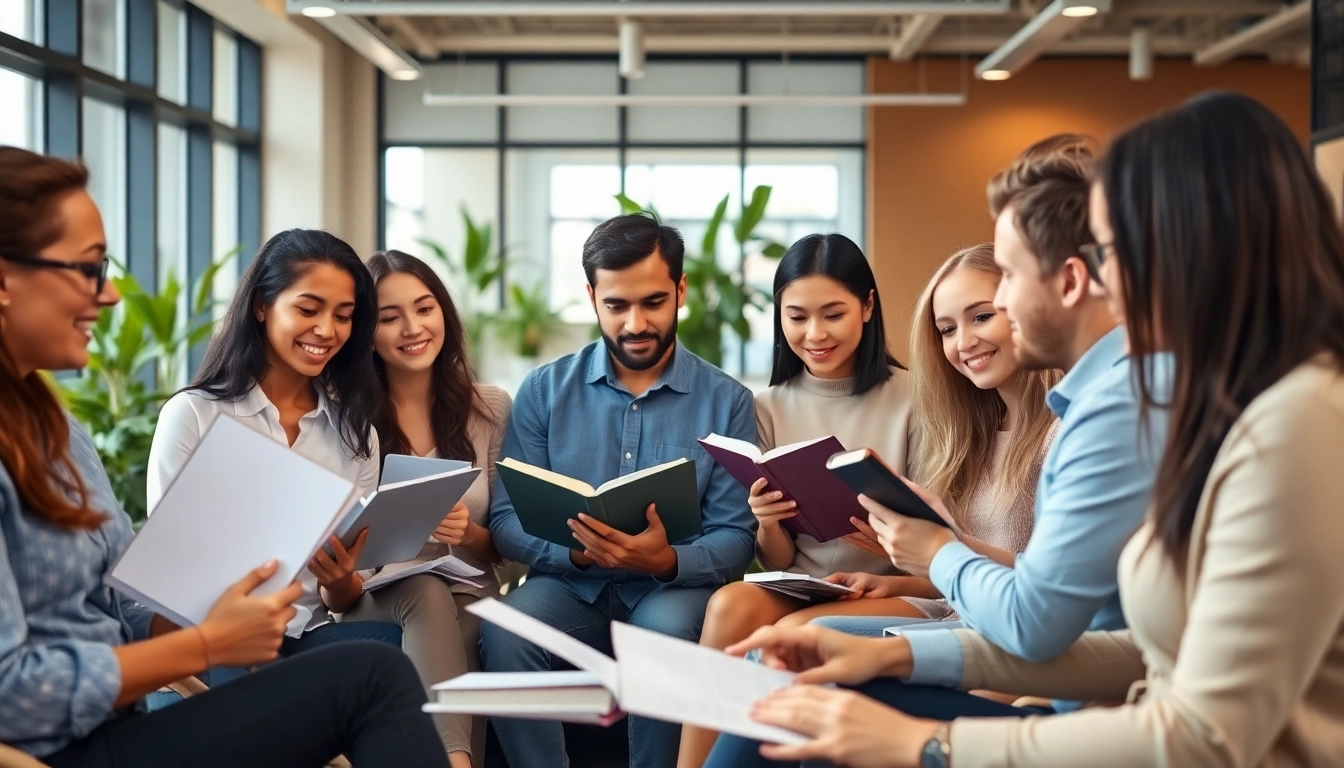 Dynamic collaboration among TOEIC test takers for hire in a bright office setting